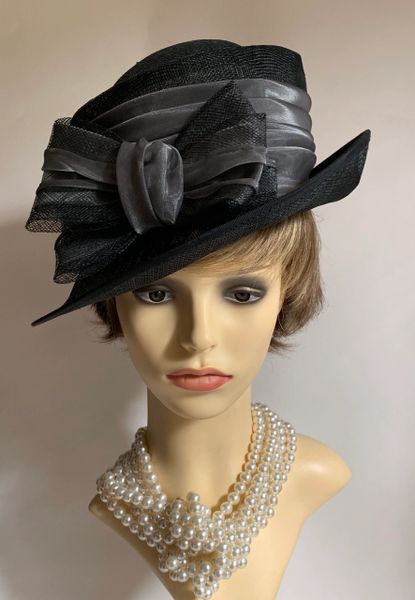 Llewellyn & Mitchell Black Charcoal Sinamay Dress Hat Large Bow And Ribbon Detail