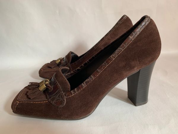 Unisa Brown Suede Leather 3 Inch High Heel Tasselled Loafer With Rubber ...
