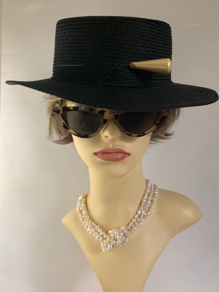 Vintage Inspired Black Paper Straw Boater Hat With Peatlised Cone Shape 5.5 Inch Hat Pin