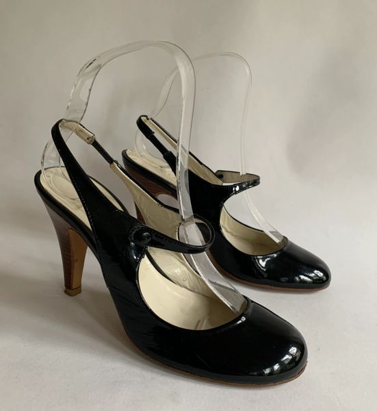 Rebeca Sanver Black Patent Round Toe Slingback Mary Jane 4" Stiletto