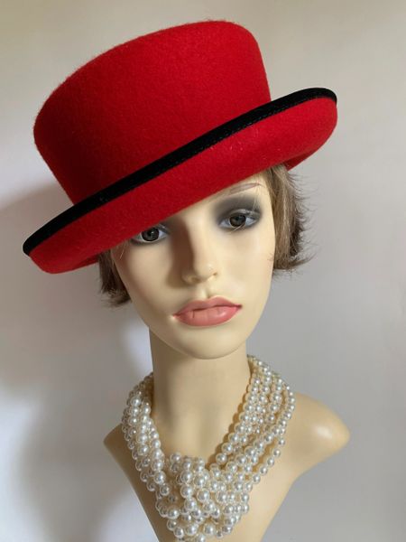 Red Small Brim Felt Hat Unlined With Black Petersham Edging To Brim
