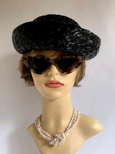 Vintage 1950s Hi Shine Black Interwoven Polyester Straw Hat