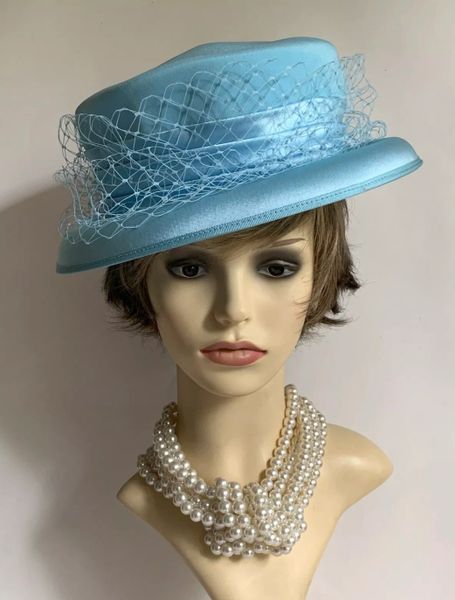 Simon Ellis London Turquoise Small Brim Formal Hat Pleated Ribbon & Net Detail