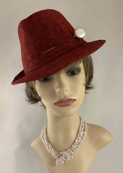 Handmade Red Linen Trilby Stingy Brim Hat Fully Lined With Lolly Pop Shaped Hat Pin Size 22 Inch Circumference