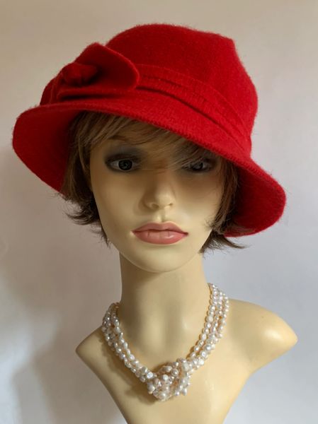 Red Small Brim Wool Mix Cloche Hat Unlined With Wool Ribbon & Bow