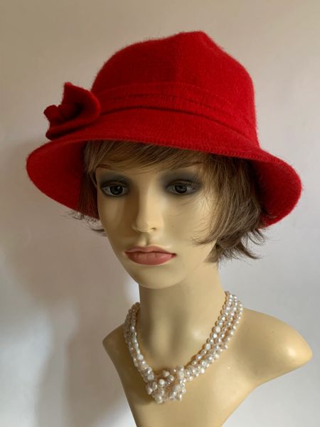 Red Small Brim Wool Mix Cloche Hat Unlined With Wool Ribbon & Bow ...