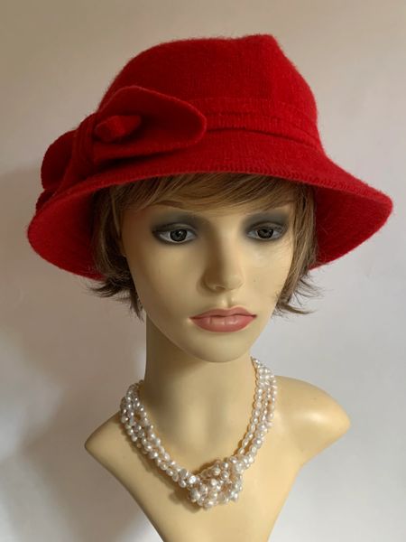 Red Small Brim Wool Mix Cloche Hat Unlined With Wool Ribbon & Bow ...