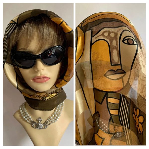 Picasso Style Patterned Vintage 1970s 39" Large Scarf Geometric Olive Beige Gold Polyester