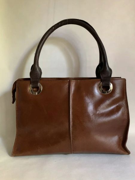 Clarks Tan Medium Leather Tote Handbag Dark Brown Handles Brown Fabric ...