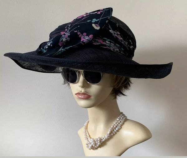 Mansfield Clothes London Formal Dark Blue Straw Hat Very Large Ribbon & Bow .