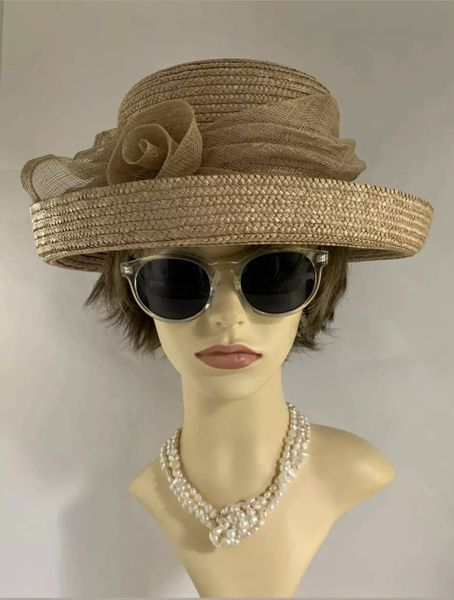 BHS Natural Straw Small Brim Hat With Sinamay Bow and Ribbon Church Races Weddings