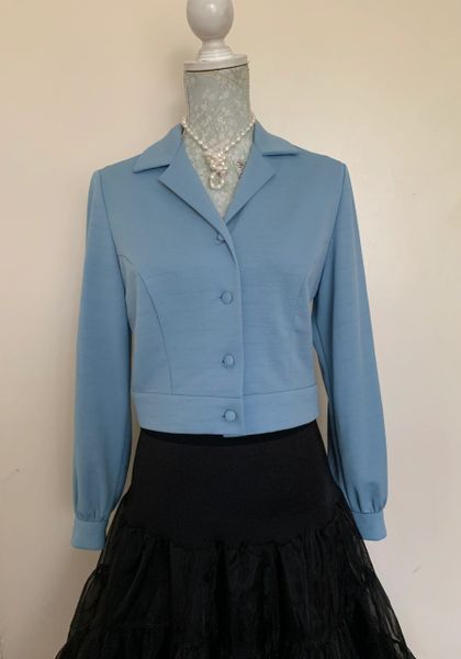 DL Barron Baby Blue Vintage 1970s Cropped Polyester Jacket Cardigan Size UK 14