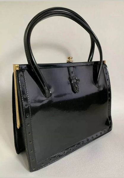 Freedex Black 1960s Faux Patent Vintage Handbag Fabric Lining & Vanity Mirror