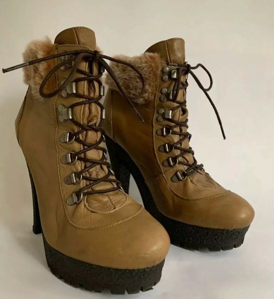 Topshop Ankle Boots Light Tan Steampunk 5 inch Chunky Heel Lace Up Platform  Size UK 7 EU 40 | Vintage Handbags shoes clothing