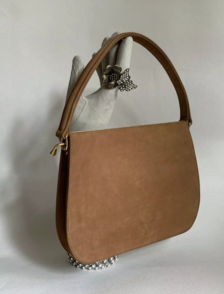 Vintage 1960s Light Brown Suede Handbag With Buff Suede lining.