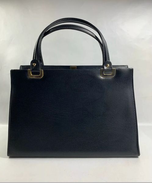 Vintage 1960s Black Synthetic Leather Handbag Satin Lining Hidden Side Pockets
