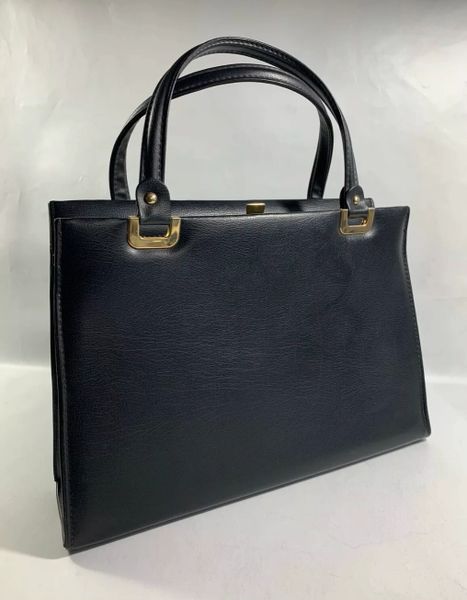 Vintage 1960s Black Synthetic Leather Handbag Satin Lining Hidden Side ...