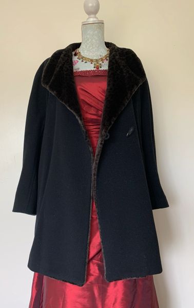 Windsmoor Vintage 1980s Black Cashmere Mix Faux & Fur Knee Length Coat Size 10-14