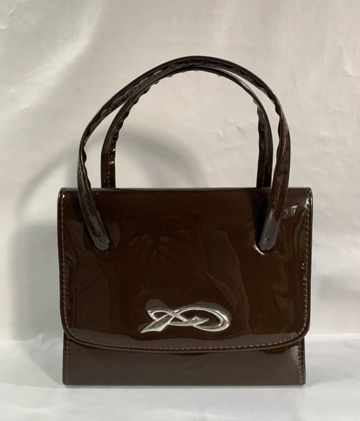 Twiggy Style Faux Patent Rich Brown 1960s Vintage Handbag Brown Fabric Lining