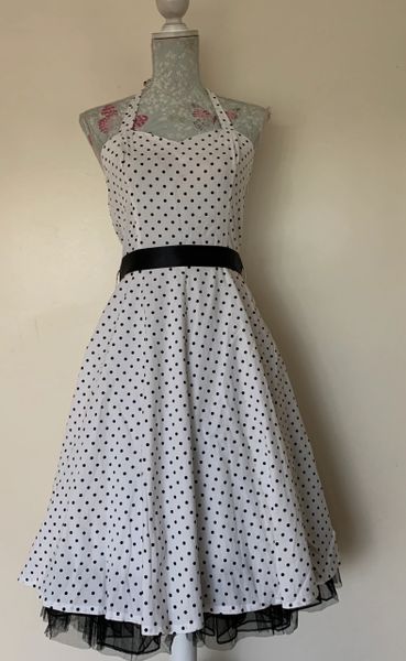 Hearts & Roses H&R White Spotted Rockabilly 1950s Vintage Inspired Halter-neck Dress Size Uk 12. Small fit