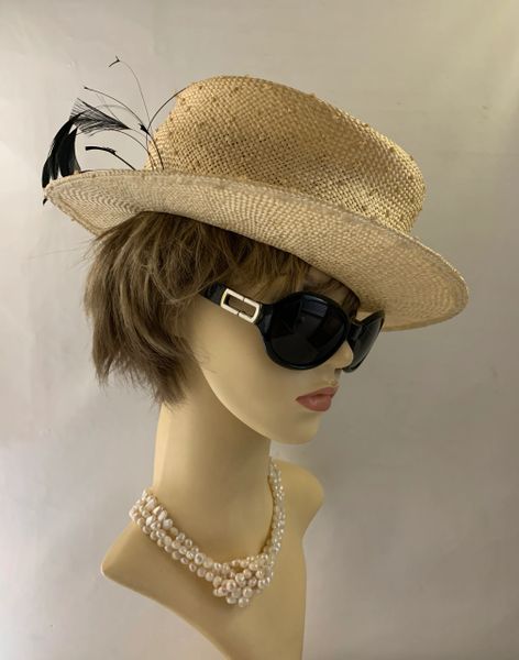 Marida Vintage Inspired Straw Boater Style Hat Petersham Strip Ribbon & Feather