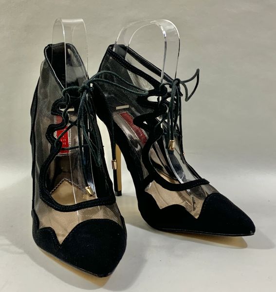 Atmosphere Black Suede And Net 4" Stiletto High Heel Lace Front Mary Jane Shoes Size UK 5 EU 38.