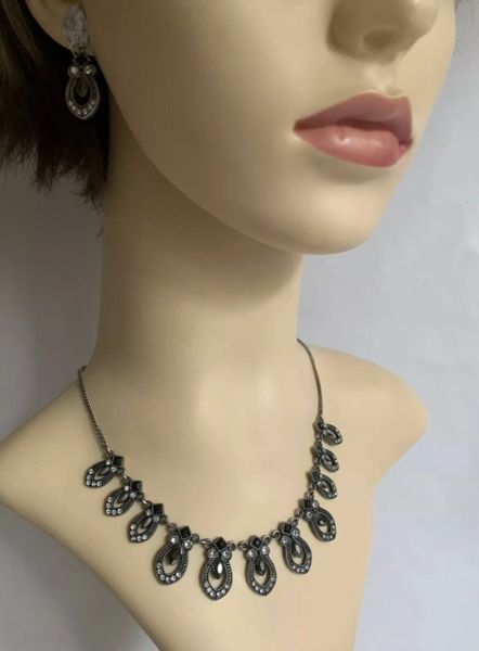 Faux Marcasite Silver Toned Graduated Tear Drop Matching Necklace & Earrings Set