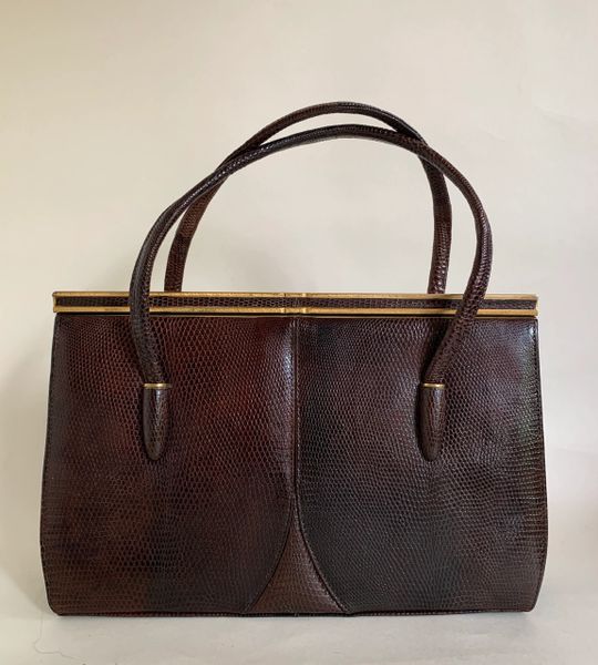 Vintage 1950s Brown Lizard Skin Handbag With Buff Suede Lining