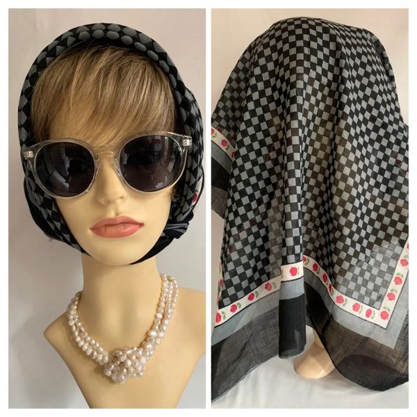 Vintage 1960s Head Scarf Black Grey.Check Rose Pattern Polyester 24’ Stitch Hem.