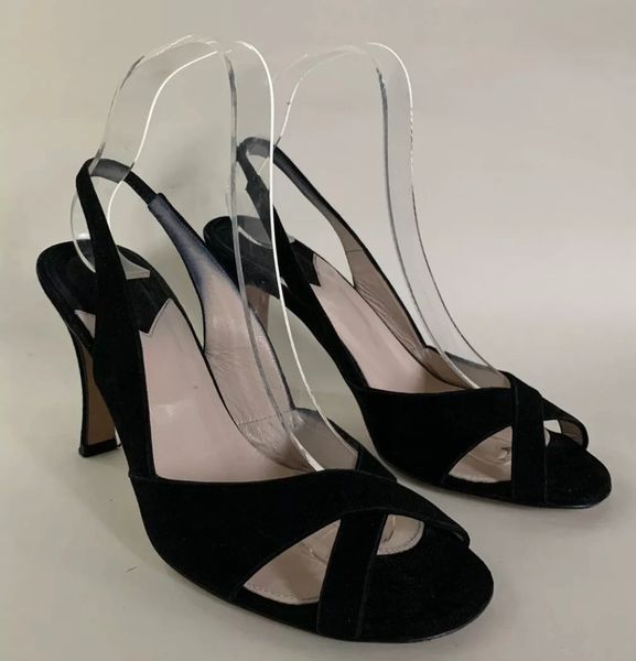 Hobbs Black Suede And Leather Open Toe Slingback 3.5" Stiletto Shoes Sandals With Cross over fronts.