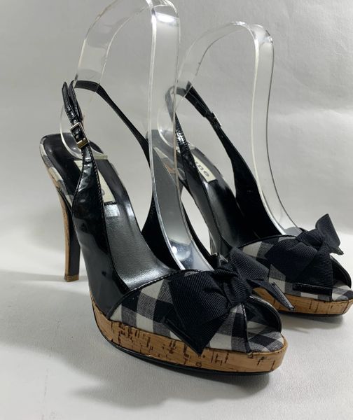 Dune Black & White Check Bow Front Peeptoe 4.5’ Cork Heel & .75” Platform Size UK 3 EU 36