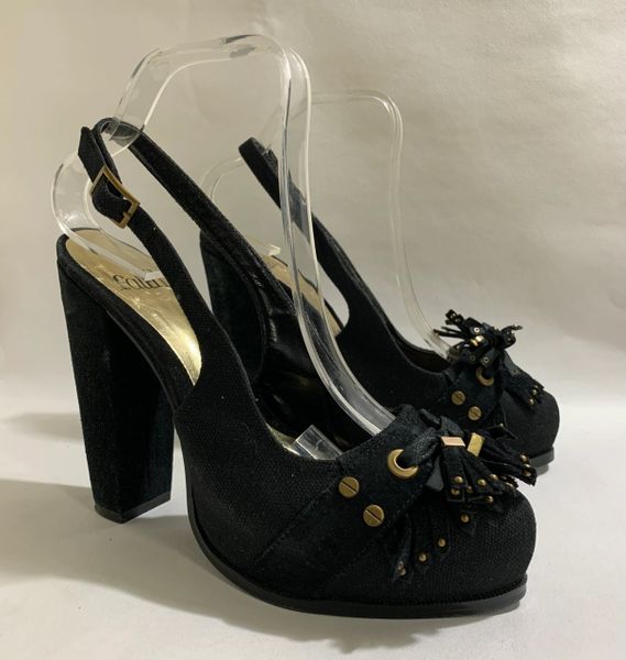 Faith Black 1990s Vintage Canvas & Suede Slingback 5.5" Heel Platform Size UK 7