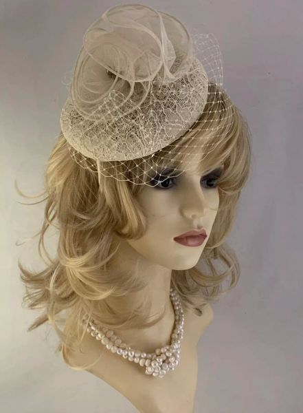 Ivory Lace Fascinator Large Rosette And Net Detail On Fixed Covered Headband.