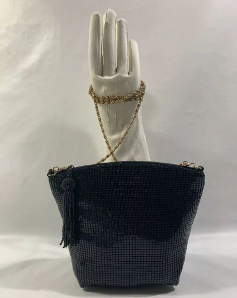 Debenhams Vintage Inspired Black Glomesh Shoulder Bag Gold Tone Strap & Zip Tassel