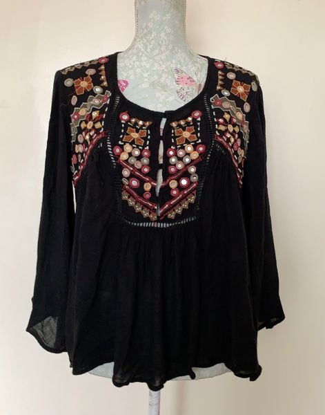 MNG Mango Black Viscose Mirror Embroidered Button Front Cover Up Tunic Top Size UK 8