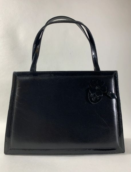 Carvela Black Vintage 1980s Leather Small Evening Handbag With Magnetic Snap & Flower Detail To Front.