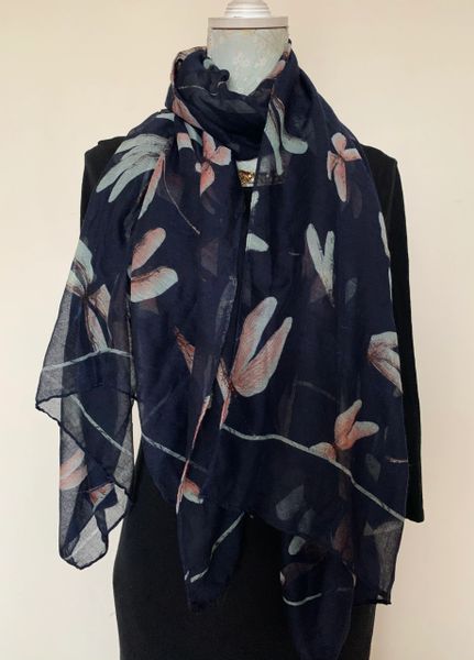 Vintage Inspired Dark Blue Dragon Fly Patterned 73” Neck Scarf Shawl Wrap