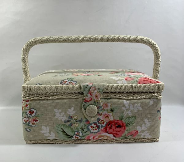 Vintage Style Sewing Box In Grey Floral Fabric With Fitted Inside Pocket & Pin Cushion .