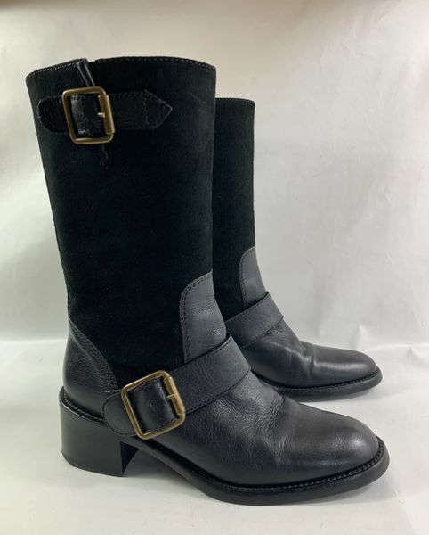 Hobbs Boots Black Leather & Suede Calf Length Low Heel Buckle Detail Size UK 3 EU 36.