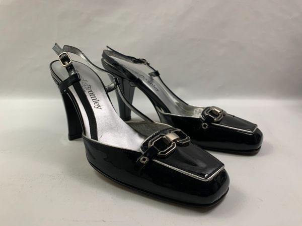 Russell & Bromley Black Patent Leather Sling Back Mid Heel Shoe UK 3.5 Small Fit