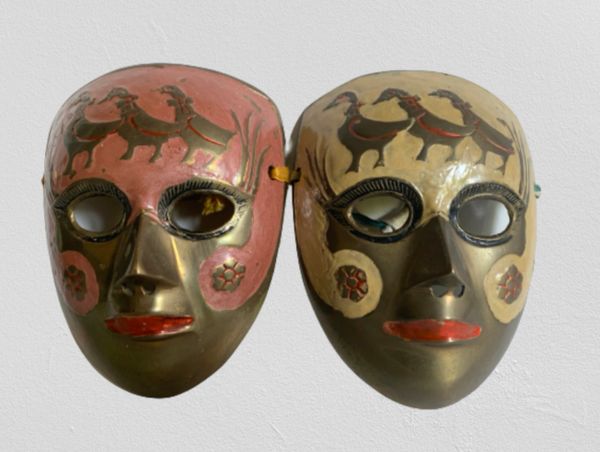 Two Small Brass Lacquered & Painted Decorative Wall Masks Plaques.