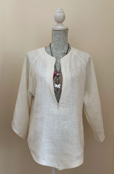 French Connection Ivory Linen Zip Front Cover Up Tunic Top Size Large (12).