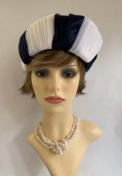 Vintage 1960s Jackie O Style Blue & White Turban Chiffon Fabric Hat With thin bow ribbon to top.