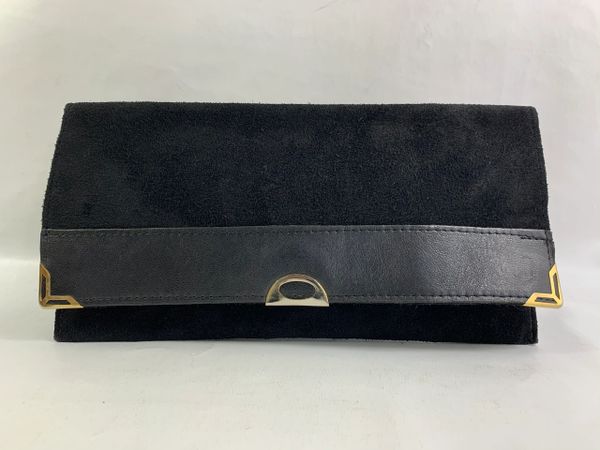 Vintage 1980s Black Suede & LeatherVintage Clutch Bag Flap closure with a popper snap closure