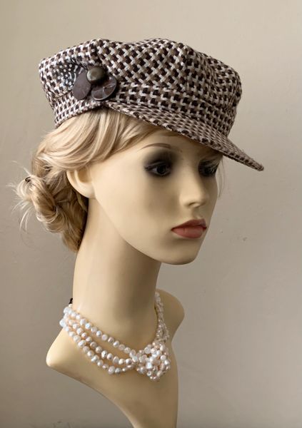 Vintage 1960s Style Brown Check French Style Baker Boy News Boy Button Peak Cap