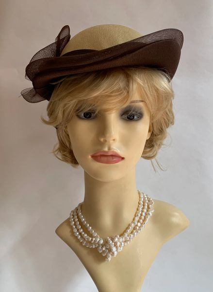 C & A Vintage 1990s Dress Hat Handmade Brown & Coffee Fully Lined Formal Church