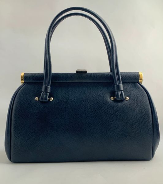 Freedex Large Dark Blue 1960s Vintage Handbag In Textured Faux Leather With Blue Fabric Lining