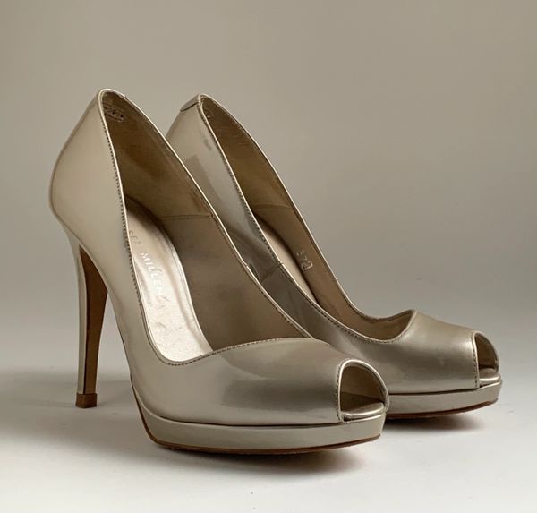 Karen Millen Metallic Neutral Leather Platform Peep Toe Shoes & Box UK 4.5