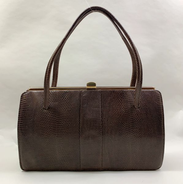 Riviera Mid Brown Lizard Skin 1950s Vintage Handbag With Buff Suede Lining.