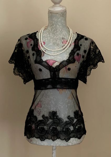 Black Lace And Net Sheer V Neck Cap Sleeve Cover Up Tunic Over Top UK 10-12